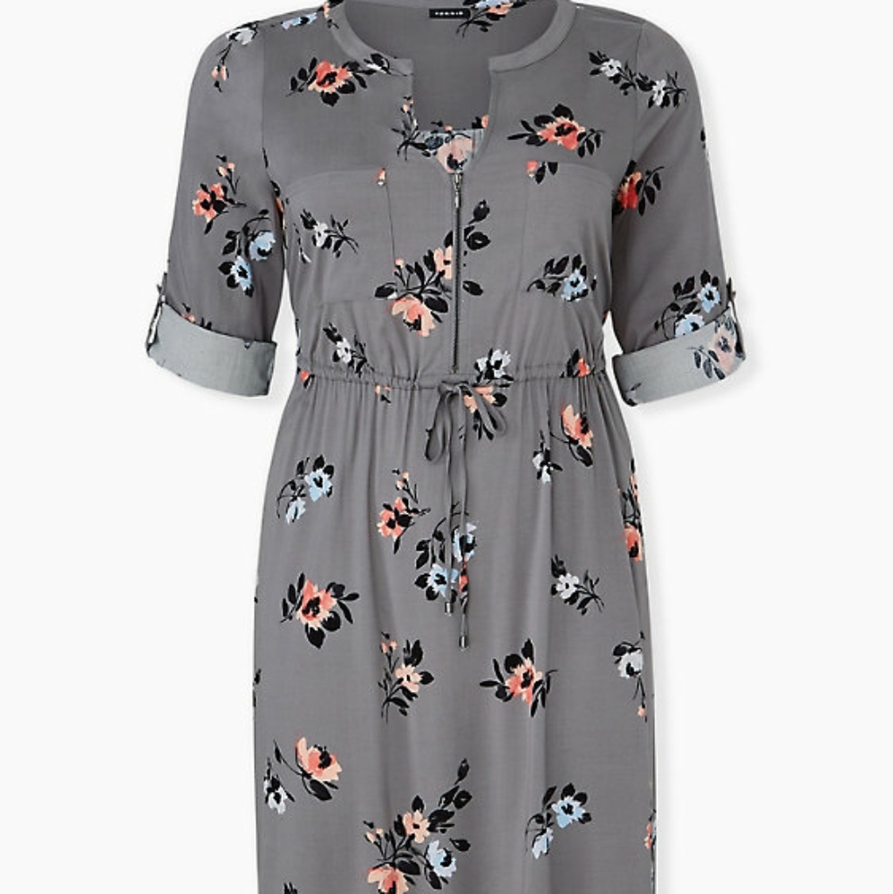 Torrid Grey Floral Challis Zip Front Shirt Dress